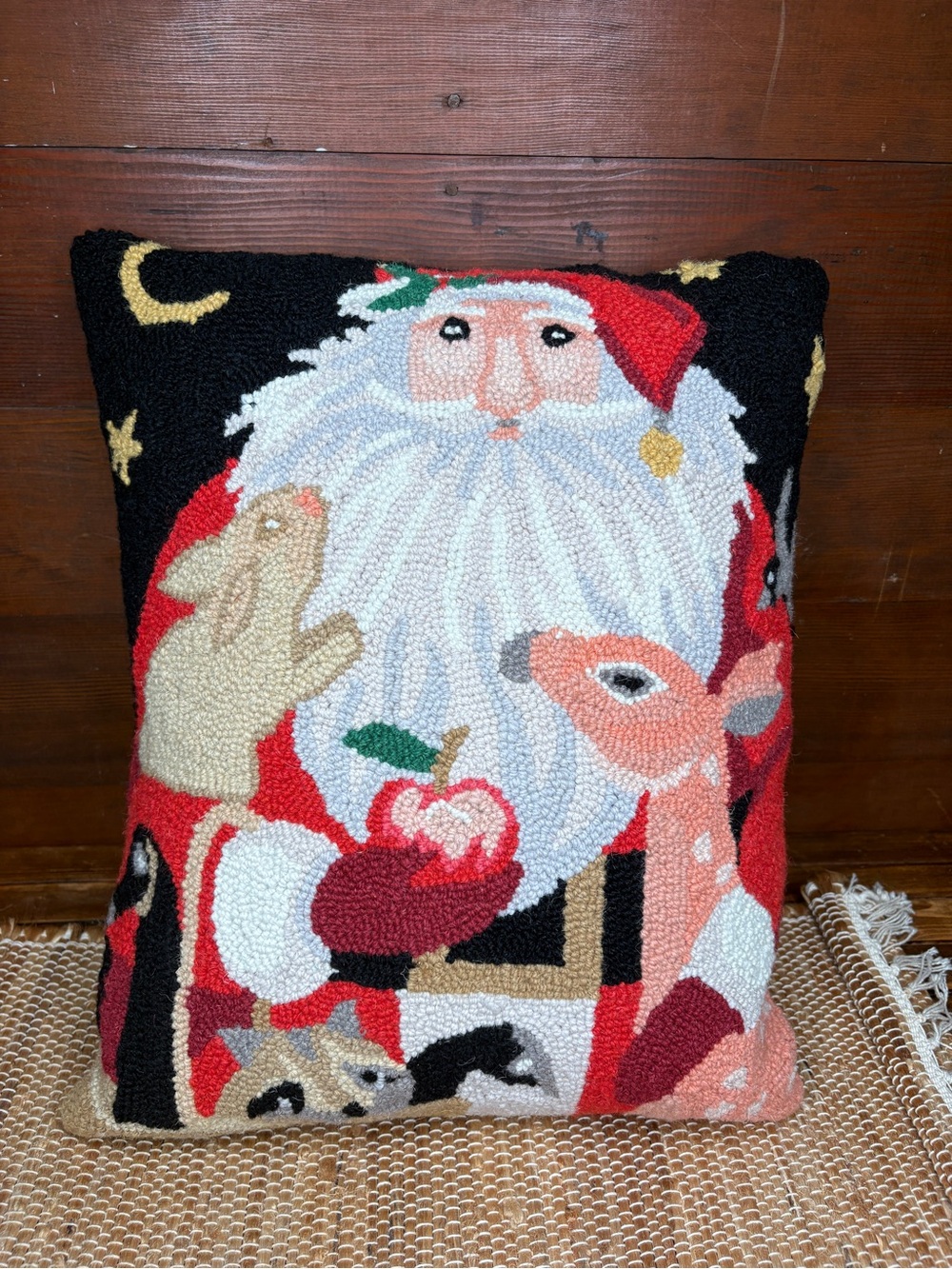 Wool & Cotton Needlepoint Santa Woodland Creatures Throw Pillow 16" x 20"